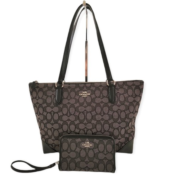 Coach Handbags - Black Coach Signature Jacquard Canvas Zip Top Tote Purse with Matching Wristlet